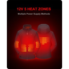 DEWBU Soft Shell Heated Jacket for Women with 12V Battery Pack and Detachable Hood Outdoor Electric Heating Coat, Black, L