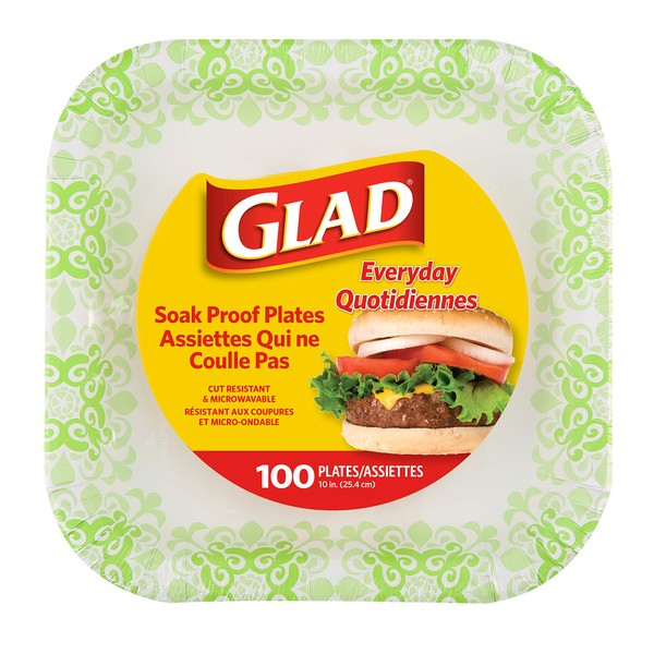 Glad Square Disposable Paper Plates for All Occasions | Soak Proof, Cut Proof, Microwaveable Heavy Duty Disposable Plates | 10" Diameter, 100 Count Bulk Paper Plates Green