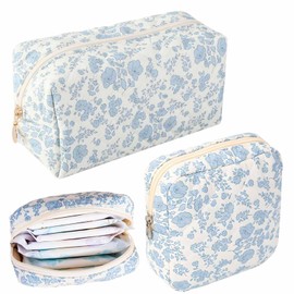 KuuGuu 2 PCS Blue Floral Makeup Bag Cute Flowers Cotton Quilted Cosmetic Bag Fashion Travel Toiletry Storage Bags Aesthetic Essential Bags Toiletry Period Organizing Accessories for Women Girls