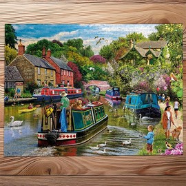 Gibsons River Retreat 1000 Piece Jigsaw Puzzle Beautiful Colourful Artwork Canal Boats Nostalgic Sustainable Jigsaw Puzzle for Adults Teens Premium 100% Recycled Board Great Gift | Gibsons Games