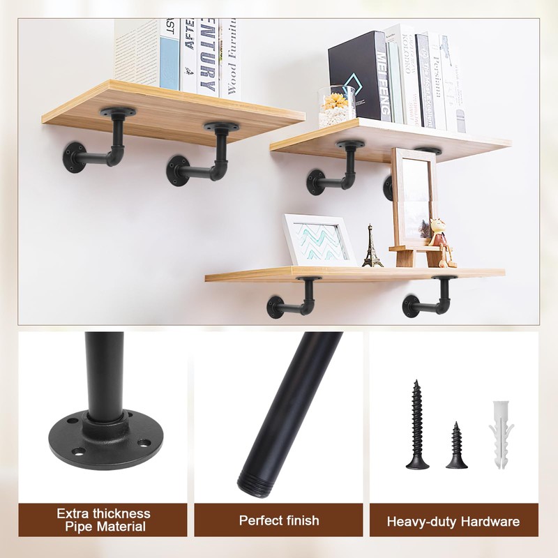 Storystore Industrial Pipe Shelf Brackets, 6 Pack Iron L-Shaped Shelving