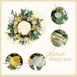 Spring Wreaths for Front Door Silk Yellow Flower Wreath with Roses Poppies Lavender 18" Artificial Door Wreath for Front Door Outside for Spring Summer Indoor Outdoor Farmhouse Front Porch Deco