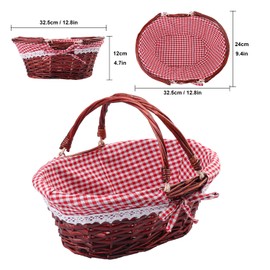 Geytetqi 2 Pack 12.6 Inch Brown Wicker Basket with Checkered Lining, Oval Wicker Woven Basket with Handle, Willow Woven Picnic Baskets for Picnic, Camping, Party(Small)