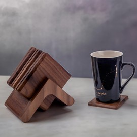 IRIVER BLANK Set of 6 Black Walnut Wood Coasters with Holder - Premium Real Wood Drink Mats for Home, Bar, and Restaurant - Stylish Protection for Your Surfaces