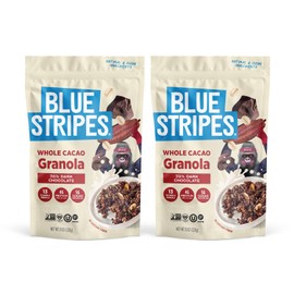 Blue Stripes Whole Cacao Granola - Gluten Free 70% Dark Chocolate Granola for Cereal, Oatmeal, Yogurt, 5g Protein Per Serving, Source of Fiber, Vegan, Low Sugar - Dark Chocolate, 8 oz Bag (2 Pack)
