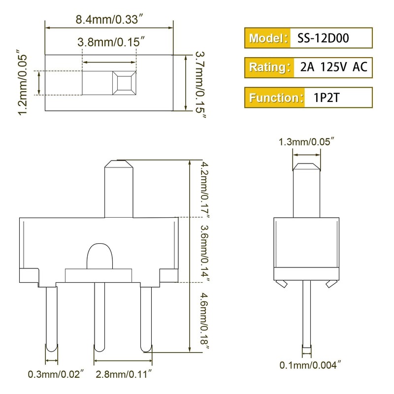 100pcs Ultra Mini Vertical Micro Slide Switch 2 Position 3