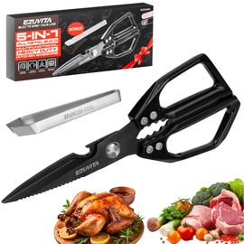 EZUVITA 5-in-1 Multifunctional Heavy-Duty Kitchen Scissors with Tweezer, All Purpose Kitchen Shears with Titanium Coated Stainless Steel Blades, Dishwasher Safe Poultry Shears (Black)