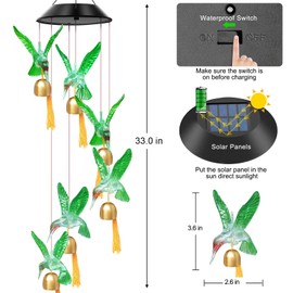 WENANA Green Hummingbird Bell Solar Wind Chimes Color Changing Lights Outdoor, Best Gifts for Mom Grandma Women Wife Aunt Daughter Sister, Unique Mobile Wind Chime, Mothers Day Yard Decor
