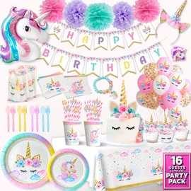 152 Pc Unicorn Birthday Decorations Set for Girls – Complete Unicorn Party Decorations Supplies Kit with Plates, Cups, Napkins, Balloons, Banner, Headband, Tablecloth – Magical Rainbow Party for Kids