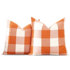 CARRIE HOME Fall Orange Plaid Pillow Covers 22x22 Set of 2, Autumn Decor Farmhouse Checkered Decorative Throw Pillow Covers 22 x 22, Extra Large Fall Pillows for Couch Sofa (No Pillow Inserts)