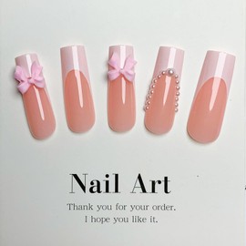French Tip Press on Nails Long Square Fake Nails Bow Acrylic Nails Cute False Nails with Designs Pearl Glue on Nails White Nail Tip Nude Stick on Nails for Women Girls 24Pcs