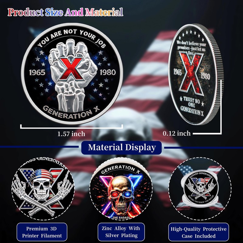 GEN X Skull Challenge Coin, Vintage Skeleton Design Collectible Coin,