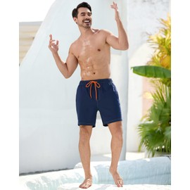 difficort Mens Bathing Suit with Compression Liner Quick-Dry Swim Trunks with Zipper Pockets, Navy, 2X-Large