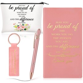 Kosiz 4 Pcs Pink Employee Appreciation Gift Set with Faux Leather Journal Notebook Canvas Makeup Bags Keychain Ballpoint Pen for Women Teacher Employee Volunteer Nurse (Inspirational Style)