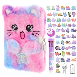 Candcamp Cat Secret Diary with Lock, Purple Fluffy Cat Notebook Set with Stickers Pen for Writing and Drawing Birthday Gift for Girls ages 5-12