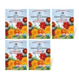 The Old Farmer's Almanac Petite Mixture Marigold Seeds - Premium Non-GMO, Open Pollinated, USA Origin (5 Packets - 5 Grams - Approx 1000 Seeds)