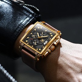 Men's Rectangular Watches Black Face with Day Date Tank Watches for Men Brown Leather Band Fashion Sword Hands Multi-Function Quartz Watches Water Resistant Fake Gold Men Inexpensive Watch for Friend