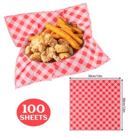 100 PCS Deli Paper Sheets, 12"x12" Wax Paper Sheets for Food, Checkered Sandwich Wrapping Grease Resistant, Food Basket Tray Liners Wrappers for Burger, Bread，Lunch, Party, Festival, Picnic, BBQ