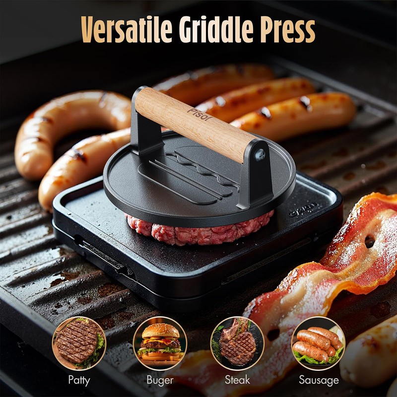 Pisol Smash Burger Press, Pre-Seasoned Cast Iron Hamburger Smasher, 2