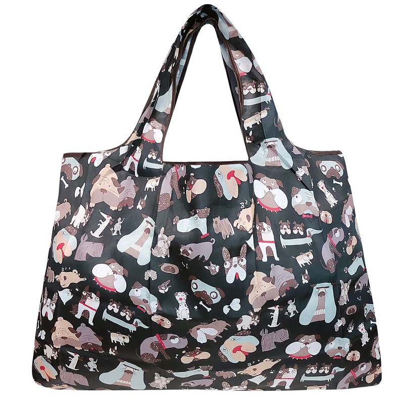 allydrew Large Foldable Tote Nylon Reusable Grocery Bag, Black Dogs