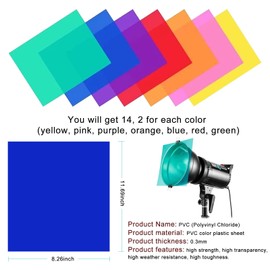 Pack of 14 Colour Films, Gel, Transparent Coloured Film Film, Heat Resistant for Lamps, Colourful, Colour Filter for Headlights, Photo, Studio, Strobe (29.7 x 21 cm)