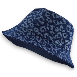 styleBREAKER Women's Reversible Hat 2-in-1 Reversible Bucket Hat with Leopard Print and Plain Denim Side Jeans Fishing Hat for Leisure, Beach, Festival, Summer Hat Made of Cotton, darkblue, Unit size
