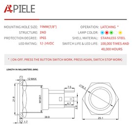 APIELE Rock Lights Switch, ON Off Rocker Toggle Push Button Switch SPST Stainless Steel 10A 12V 24VDC Pre-Wired 19MM 0.74" Install Sizefor Car Boat Truck (Rock Lights)