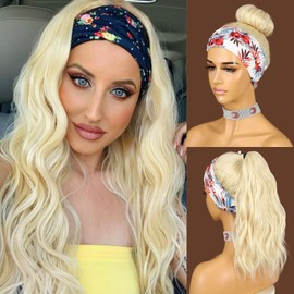 SAPPHIREWIGS Blonde Body Wave Headband Wigs Glueless Synthetic Headband Wigs for Black Women Long Curly Half Wig 150% Density #613 Blonde Wigs for Daily Party Wear 26 Inch