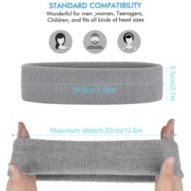 Sweatband Sport Headband for Men & Women Moisture Wicking Athletic Cotton Terry Cloth Sweatband for Tennis, Basketball, Running, Gym, Working Out (Grey)