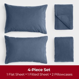 Mellanni Cotton Flannel Sheet Set - Double Brushed for Added Softness & Comfort - Deep Pocket Fitted Sheet up to 16" - 4 Piece Set (King, Blue)