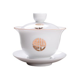 Woonsoon Jingdezhen Chinese Porcelain Gaiwan Handmade 7oz/200ml Kungfu Teacup White Glazed Tureen Chinese Sancai Cover Bowl Lip Cup Saucer Set Traditional Teaware Tea Set (Blessing)