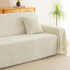 KaviKon Couch Cover for Dogs, Boho Sofa Covers for 3 Cushion Couch, Chenille Sofa Slipcover for Pets Washable, L-Shape Sectional Couch Loveseat Cover Soft Throw Blankets with Tassels(71x118,Cream)