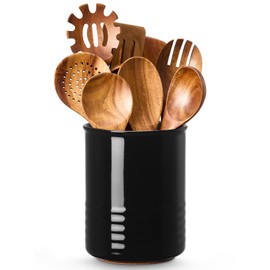 ABRUTY Utensil Holder, 6.7" Ceramic Kitchen Utensil Crock for Countertop Cooking, Modern Utensil Caddy Jar Organizer for Farmhouse Kitchen Counter Decor (Black)