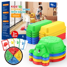Dufvrpe 16 Pcs Balance Beam and Stepping Stones for Kids - 4 Turtle Shape Stepping Stones and 12 Connectable Beams with Sound Feature,Color Spinner, Riddle Cards, Fun Balance Training and Obstacle Course
