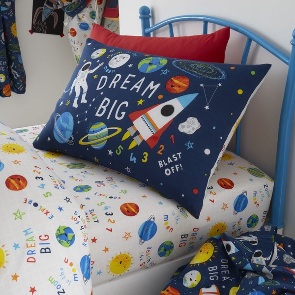 Happy Linen Company Girls Boys Kids Space Explorer Outer Space Planets Navy Blue Toddler Cot Bed Reversible Extra Pair Of Toddler Pillow Cases