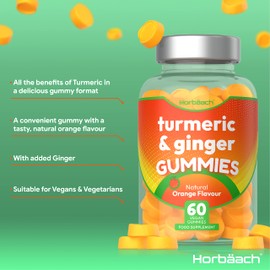 Turmeric and Ginger Gummies | 60 Vegan Gummies in Natural Orange Flavour | Chewable Turmeric Curcumin Supplement - Tablet Alternative | by Horbaach