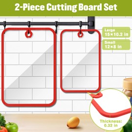 Tempered Glass Cutting Board for Kitchen,Clear Glass Cutting Board for Countertop with Non-Slip Silicone Edge,Dishwasher Safe,Heat Proof,Scratch-Proof,Shatter Proof,15×10.2&12×8Inch (2Pcs Red)