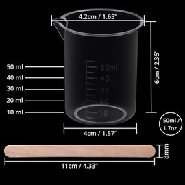 Belle Vous 80er Set Durchsichtiger Kunststoff Messbecher mit Holz Rührstab Epoxidharz Set - Graduirte Transparente Wiederverwendbare Messbecher 50 ml - für Kunst, Gießen, Malen, Kochen & Handwerk