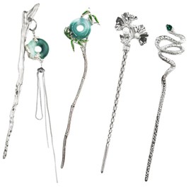 4PCS Silver Metal Hair Sticks Chopsticks Hair Pins Chinese Asian Hanfu Decorative Long Retro Hair Clips Snakes Swords Butterfly Jade Stone Vintage Hair Accessories for Women Girls