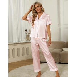 SAPJON Silk Pajamas for Women Set 4Pcs Ruffled Satin Pajamas Set Button Down Short Sleeve Cami Shorts Sleepwear Pj Set Pink
