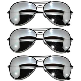 3 Pack of Aviator Sunglasses Black Frame Mirror Lens with Pouches