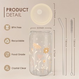 SANDJEST Flower Glass Bottle, Floral Glass Cup with Lid & Straw, Iced Coffee Aesthetic Glass Can, Idea Gift for Christmas Birthday Mother Day, Gifts for Women, 16oz