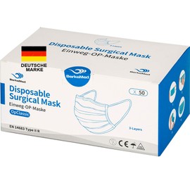 BerkeMed Mascherina Chirurgica Certificate CE, Secondo EN 14683 Tipo IIR (50 Pezzi Prestazioni Filtro ≥99%,Numero Farmacia PZN: 16675531, Adatto per Ambiente di Lavoro Medico