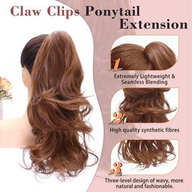 Ponytail Extension,Auburn 18 Inch Claw Clip Ponytail Extension, Soft Wavy Curly Clip on Ponytails for Women Heat Resistant Synthetic Hairpiece for Daily Use