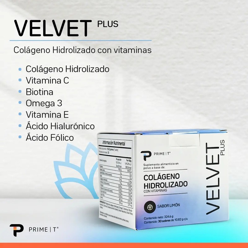Colágeno Hidrolizado Velvet Plus Primetech, 30 Sobres De 10.82 Gr,