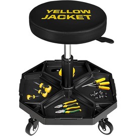 YELLOW JACKET Rolling Garage Seat Adjustable Pneumatic Shop Creeper Seat 300Lbs Mechanic Stool with Wheels and Removable Tool Tray Storage Workshop Chair for Auto Repair