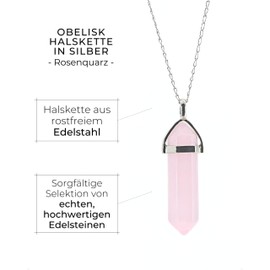 LAVISA Obelisk Gemstone Necklace, Pendant, Real Crystal Chain, Rose Quartz Amethyst, Natural Stone, 55 + 5 cm, Stainless Steel