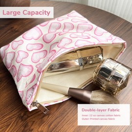 Yovell Floral Makeup Bag Cute Makeup Pouch Travel Organizer Toiletry Bag Canvas Makeup Bag with Zipper Large Cosmetic Bags for Women Girls, Pink Hearts, Cute Makeup Bag