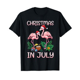 Christmas in July 2025 Cute Flamingo with Santa Hat Hawaii T-Shirt