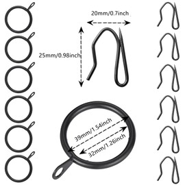30 Pieces Metal Drapery Curtain Rings Curtain Hanging Rings and 30 Pieces Metal Curtain Drapery Pin Hooks for Window Door Shower Curtain, 32 mm/1.26 inch Internal Diameter (Black)